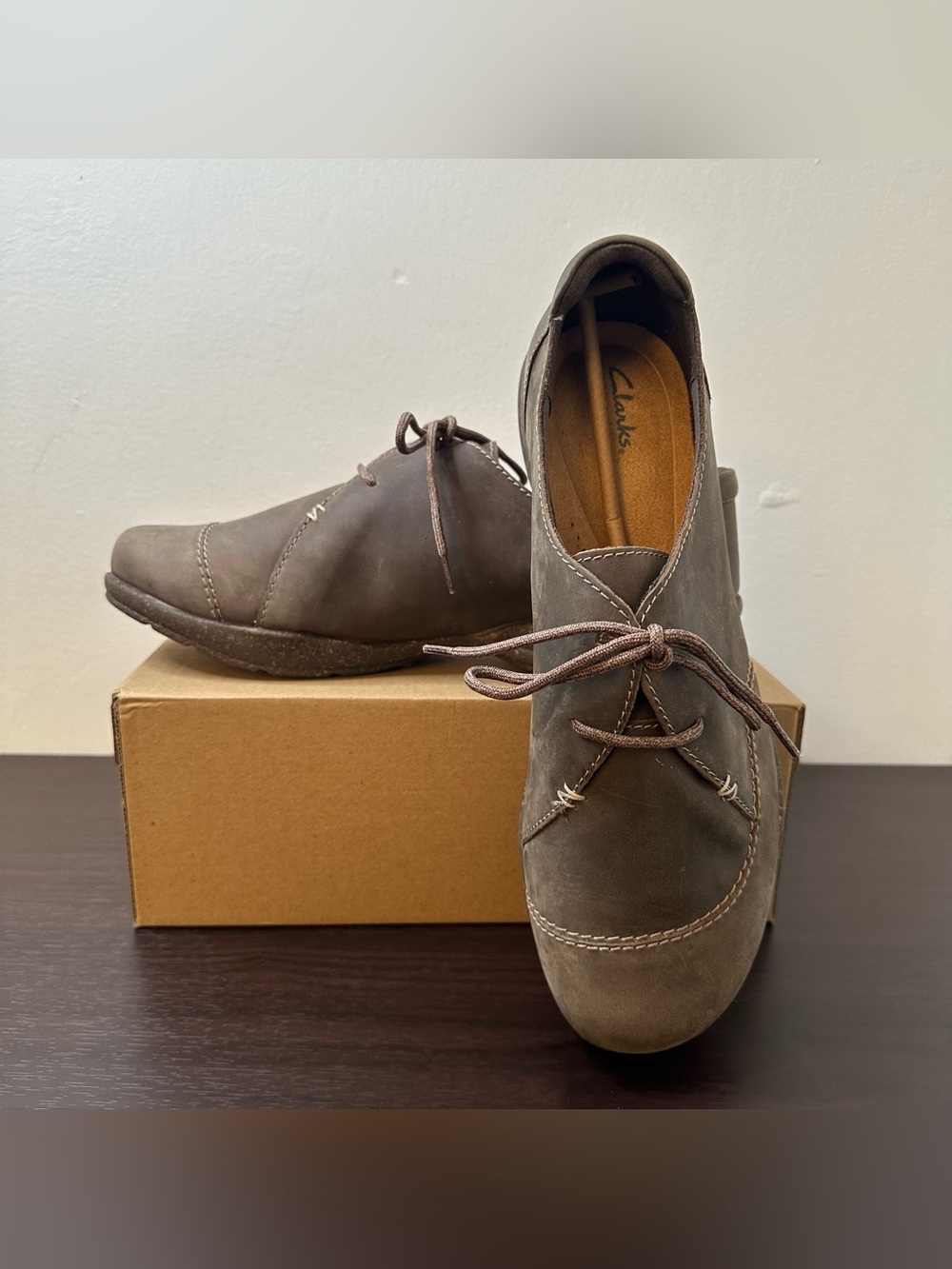 Clarks Dark Taupe Leather Lace-up Roseville Rio Oxford Casual Flats Size 12W New